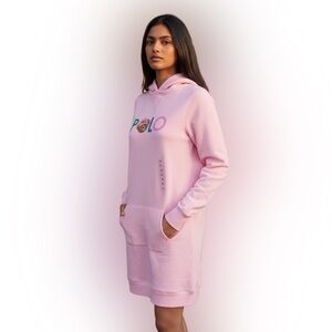 Polo RALPH LAUREN Girls POLO Graphic FLEECE PINK Hood DRESS Long Sleeve Size XL